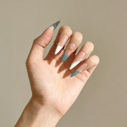Pink Blue Wave Press-On Nails - Star Pearl False Nails UK - close up - ClouDIY UK