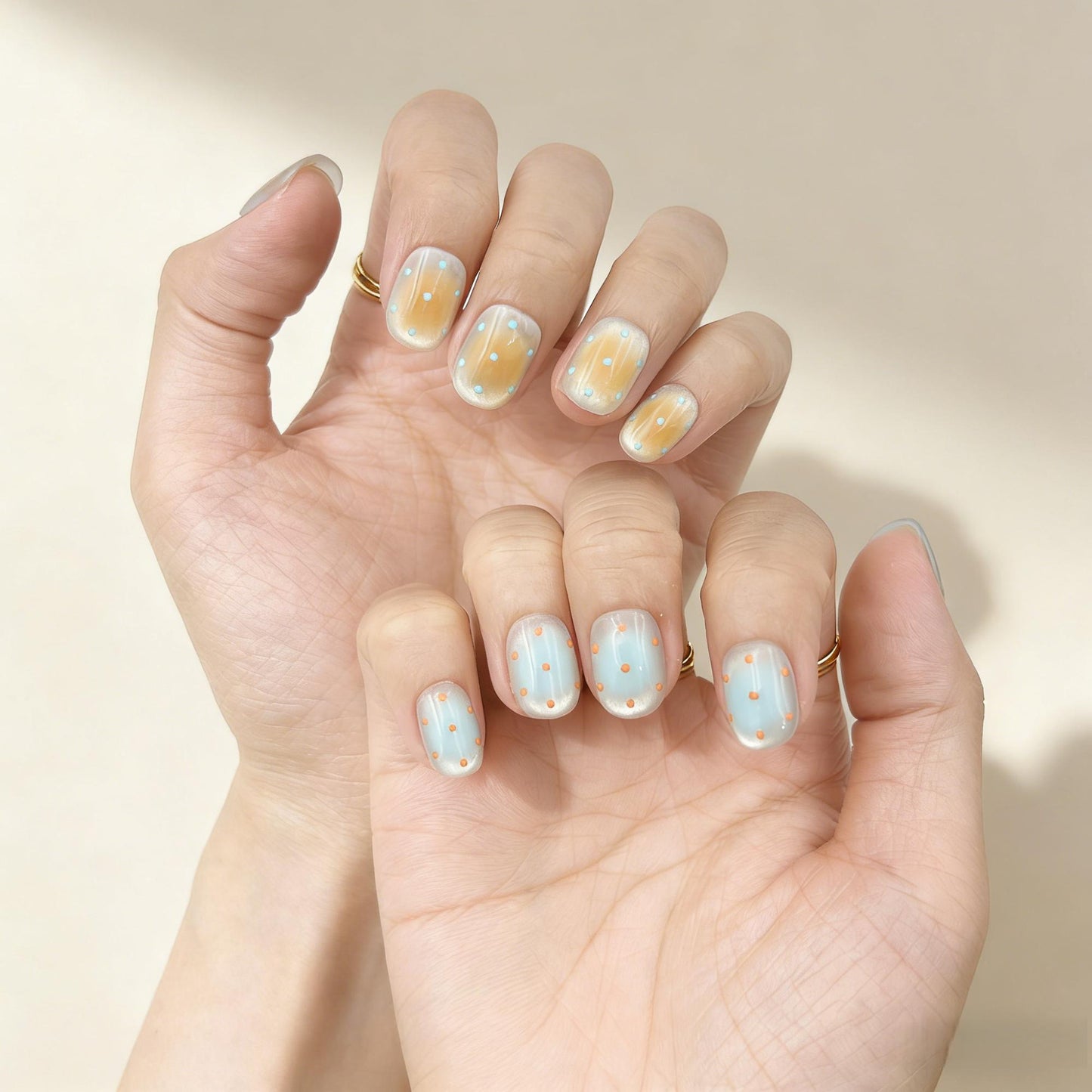 Pastel Dot Press-On Nails - Yellow Blue Red False Nails UK - close up - ClouDIY UK