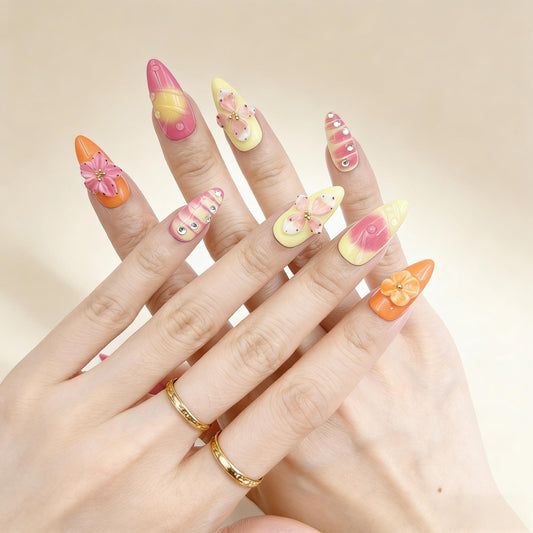 Neon Pink Yellow Press-On Nails - Floral Jewel False Nails UK - side view - ClouDIY UK
