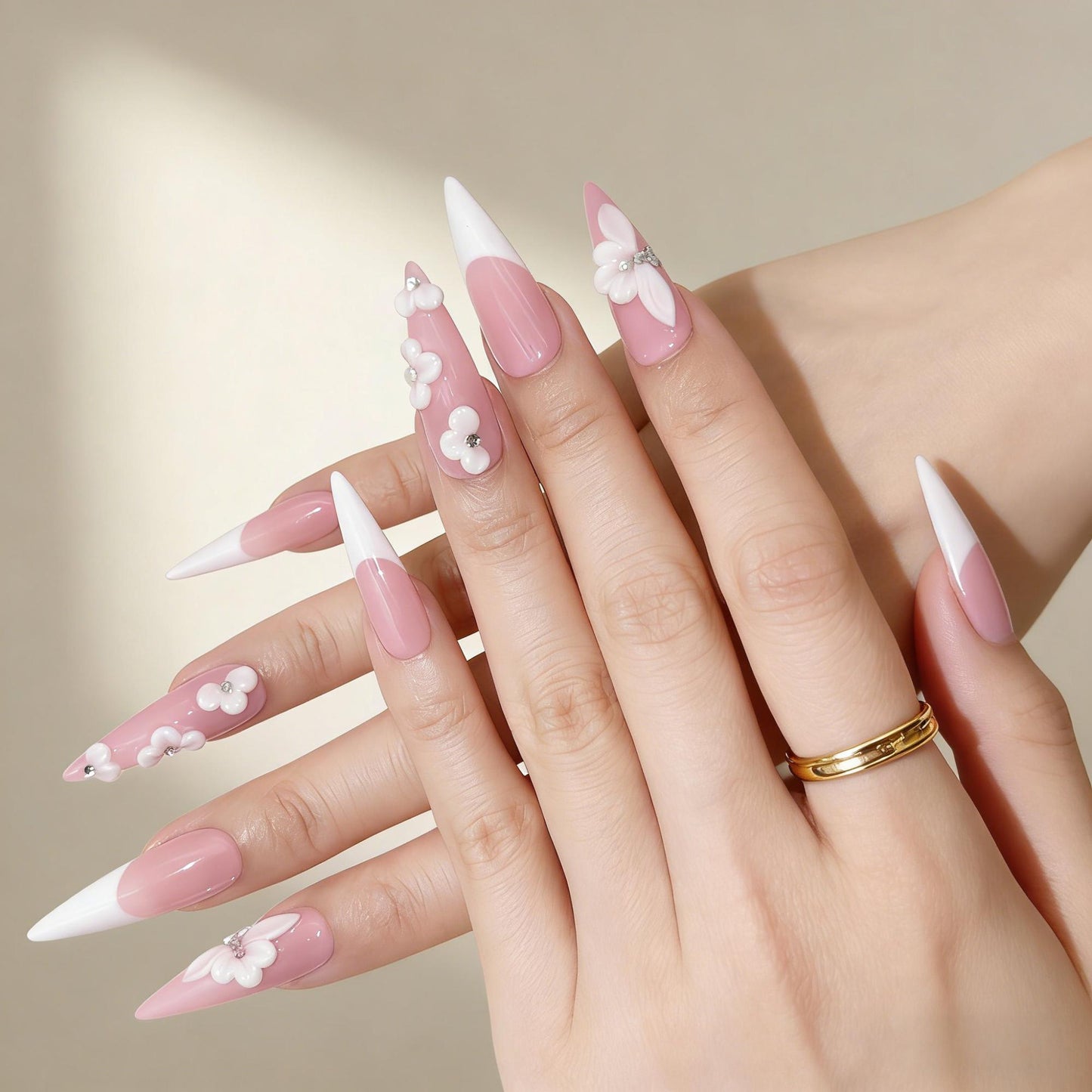 Pink White Floral Press-On Nails - Jewel Accent False Nails UK - close up - ClouDIY UK