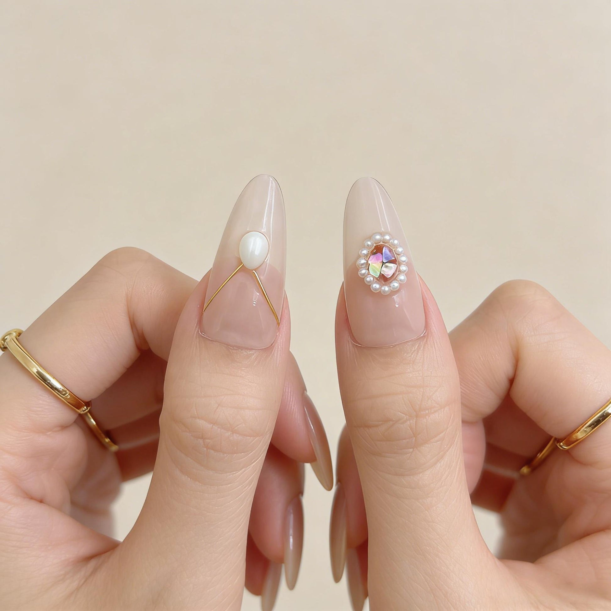 Nude Gold Gem Press-On Nails - Pearl Accent False Nails UK - side view - ClouDIY UK