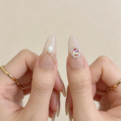 Nude Gold Gem Press-On Nails - Pearl Accent False Nails UK - side view - ClouDIY UK