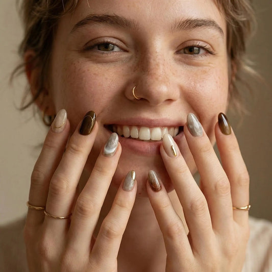 Chocolate Brown Almond Press On Nails with Gold Leaf & Milky Swirl