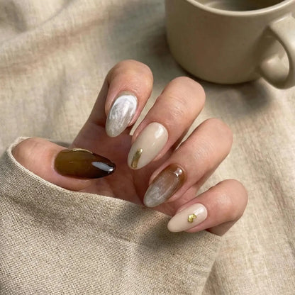Chocolate Brown Almond Nails side view UK