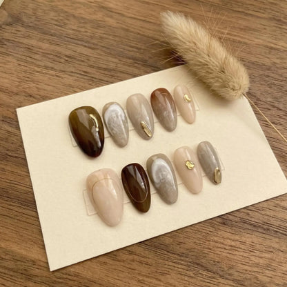Chocolate Brown Almond Nails close up UK