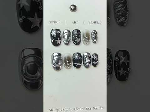 Handmade Press-on Nails Medium Oval Black Silver Chrome Star and Stud Design, Reusable Salon Quality Nails for Parties or Events