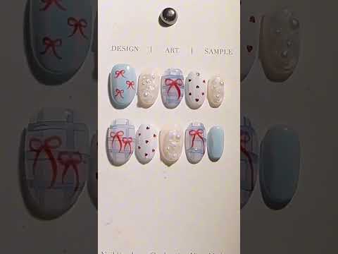 Handmade Press-on Nails Medium Almond Blue Plaid Red Bow and Heart Design, Reusable Salon Quality Nails for Casual Wear or Parties
