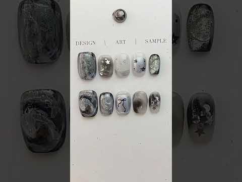 Handmade Press-on Nails Short Square Silver Chrome Star and Swirl Design, Reusable Salon Quality Nails for Parties or Daily Wear