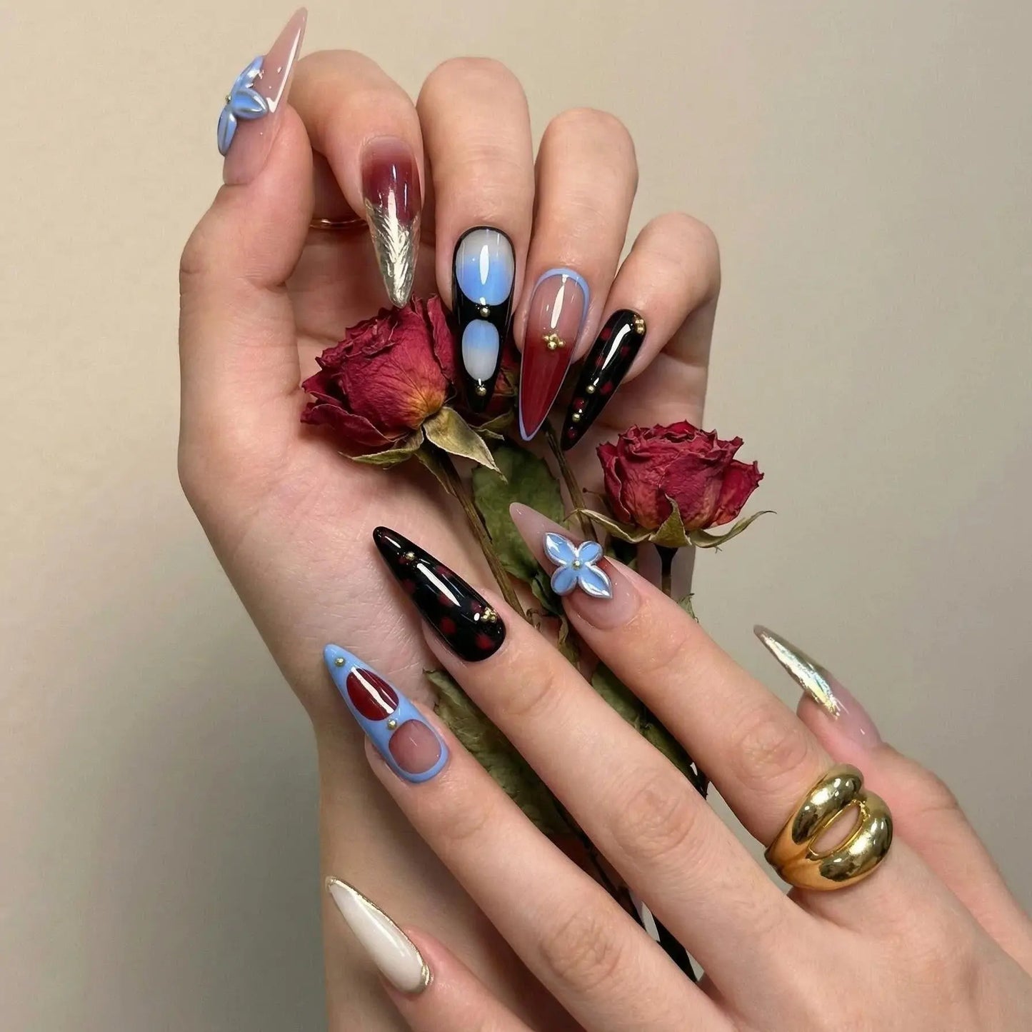 Blue Floral Stiletto Nails packaging UK